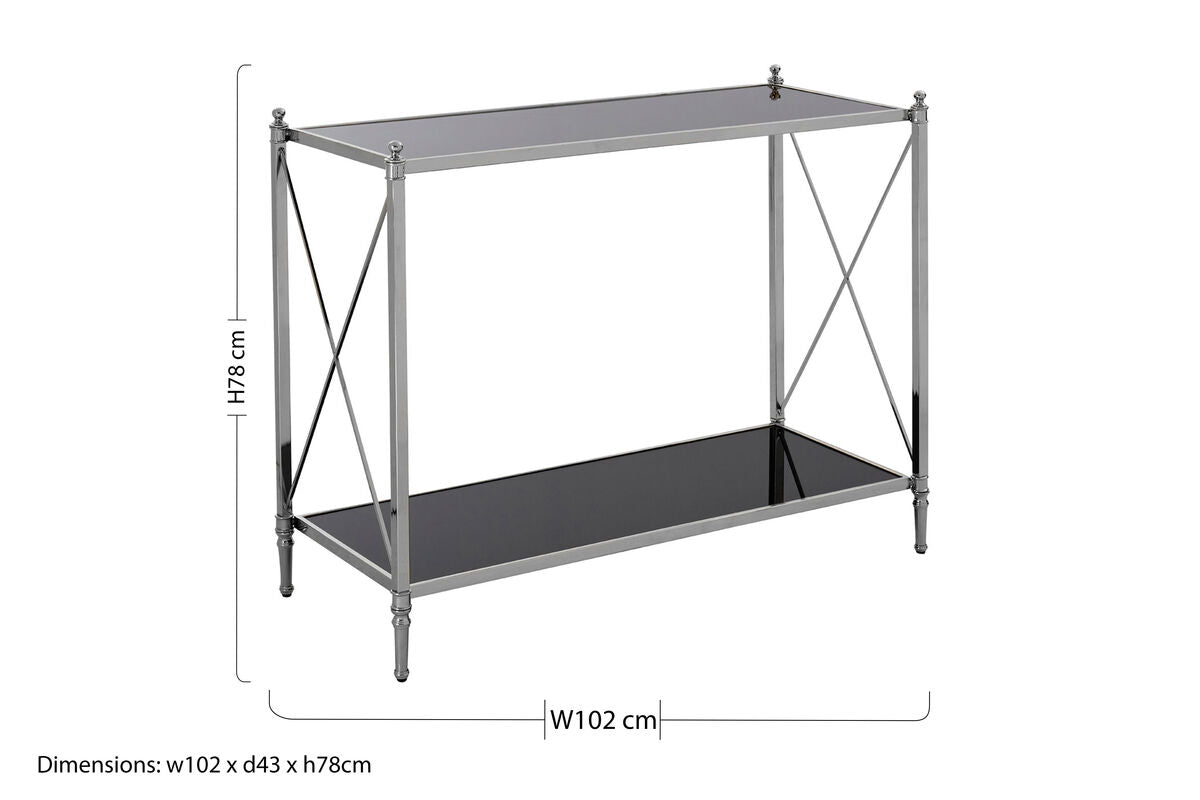 Black Mirrored Glass Two-Tier Console Table with Silver Nickel Finish Frame | Hoffmann