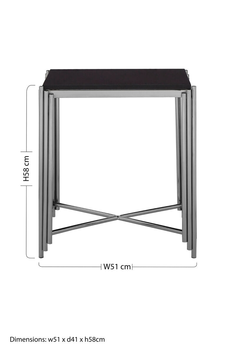 Black Granite Top Art Deco Side Table with Silver Finish X-Shaped Cross | Clarice