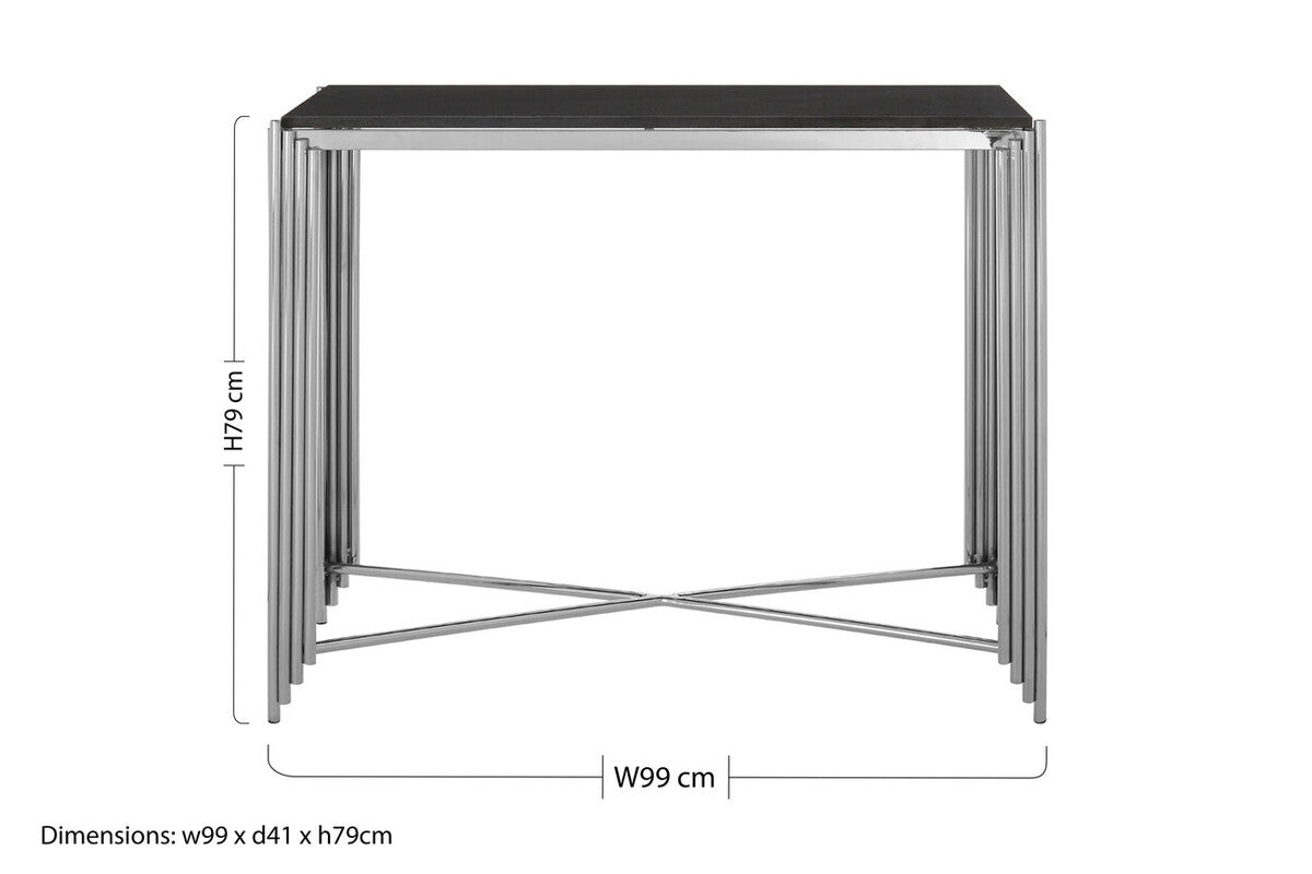 Black Granite Top Art Deco Console Table with Silver Finish X-Shaped Cross, Clarice