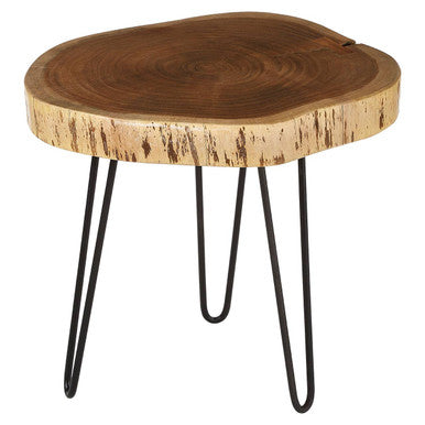 Brown Acacia Wood Cross Section Top Tripod Base Side Table | Nandri