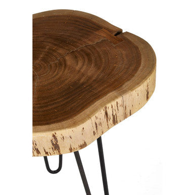 Brown Acacia Wood Cross Section Top Tripod Base Side Table | Nandri