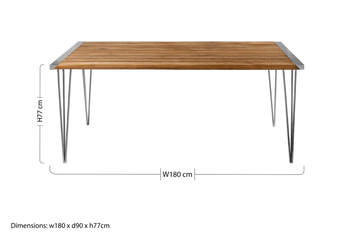 Brown Slatted Teak Wood Dining Table with Nickel Finish Hairpin Legs | Nandri