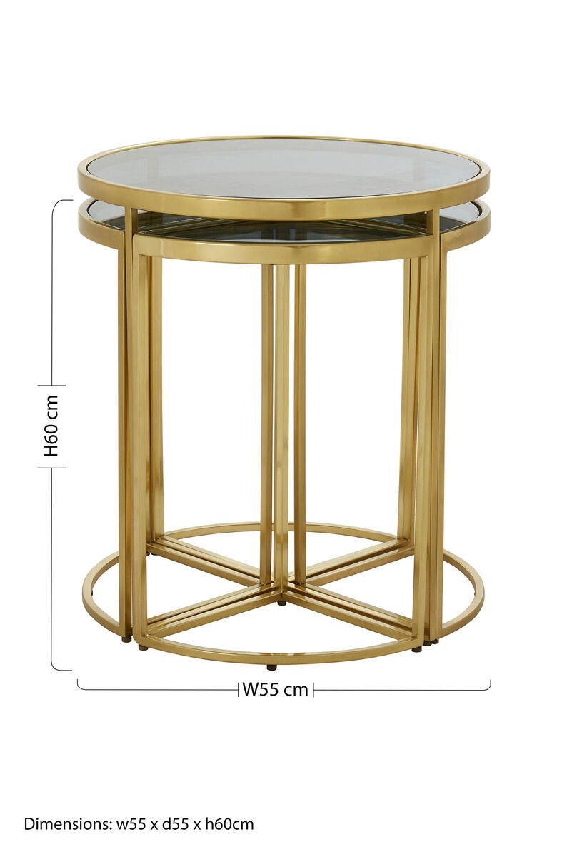 Black Tinted Glass Top 5 Piece Nesting Tables with Gold Finish Frames | Axis