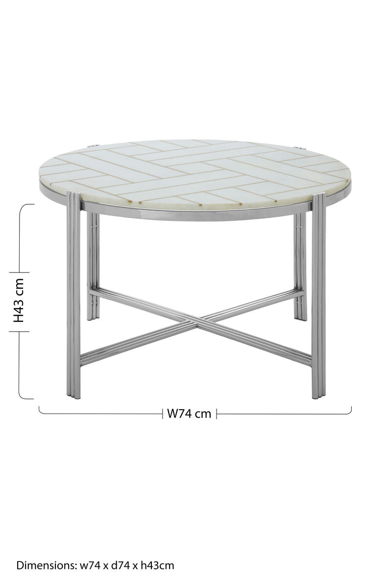 White Marble Top Coffee Table with Gold Detail and Silver Finish Frame | Eva