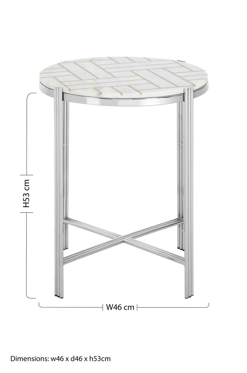 White Marble Top Side Table with Gold Detail and Silver Finish Frame | Eva
