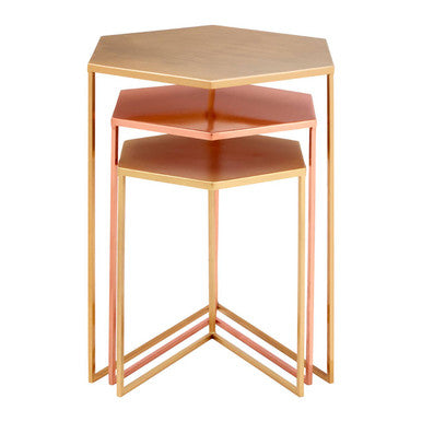 Assorted Gold Brass Bronze Set of 3 Nesting Tables with Iron Frames, Templar
