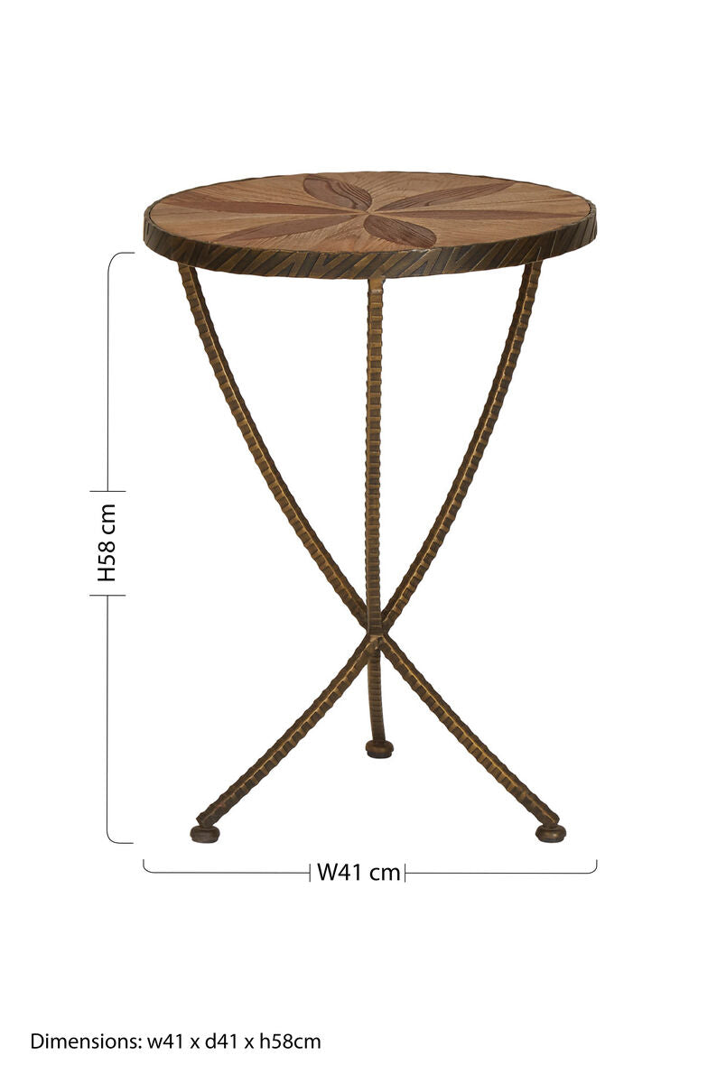 Brown Two Tone Elm Wood Small Side Table with Antique Brass Iron Legs | Elmo