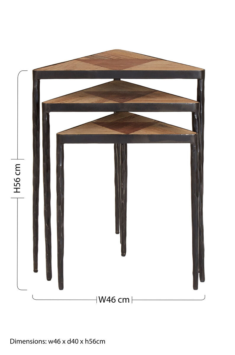 Black and Brown Elm Wood Set of 3 Triangular Nesting Tables with Black Iron Legs | Elmo
