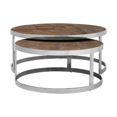 Brown Parquet Effect Elm Wood Top Nest of 2 Tables with Stainless Steel Frames | Mitra