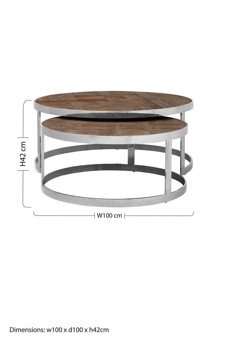 Brown Parquet Effect Elm Wood Top Nest of 2 Tables with Stainless Steel Frames | Mitra