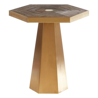 Gold and Natural Small Hexagon End Table with Grooved Elm Wood Top | Titan