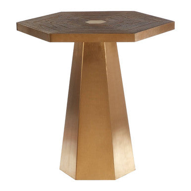 Gold and Natural Large Hexagon End Table with Grooved Elm Wood Top | Titan