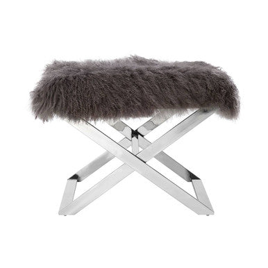 Anafi Grey Sheepskin Stool with Silver Metal Base