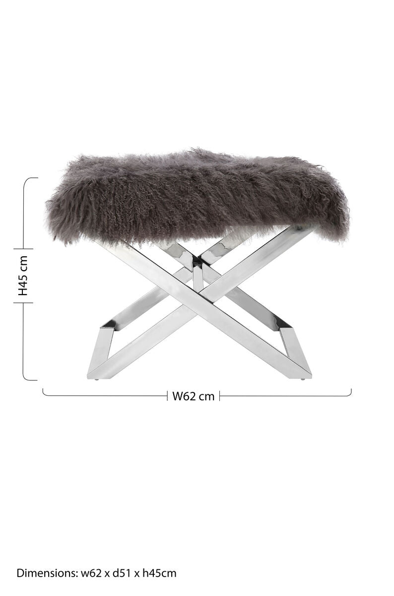 Anafi Grey Sheepskin Stool with Silver Metal Base