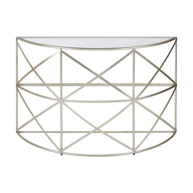 Silver Finish Iron Frame Demilune Console Table with Clear Glass Top | Rubia
