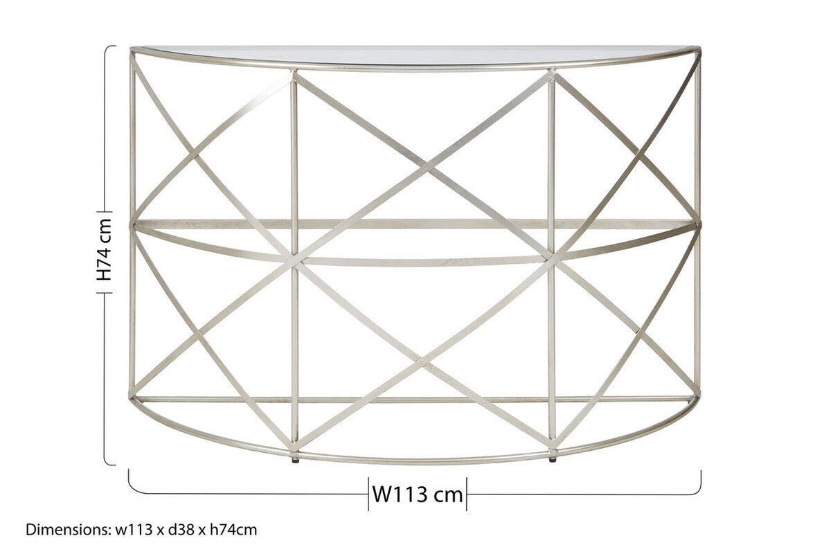 Silver Finish Iron Frame Demilune Console Table with Clear Glass Top | Rubia