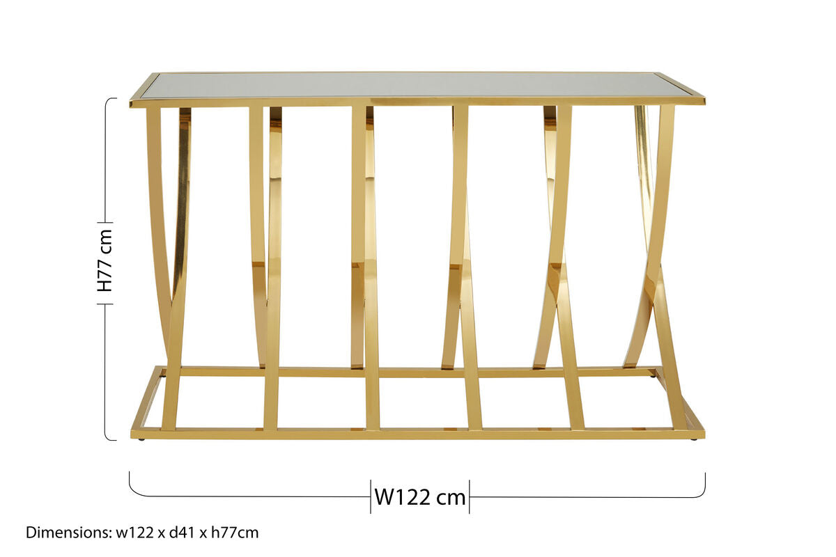 Gold Mirrored Top Console Table with Sweeping Stainless Steel Frame | Reena
