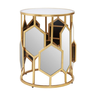 Gold Finish Iron Frame Side Table with Round Mirrored Top | Rio