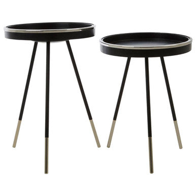 Black and Silver Set of 2 Side Tables with Raised Rim Tops and Silver Leg Tips | Halle