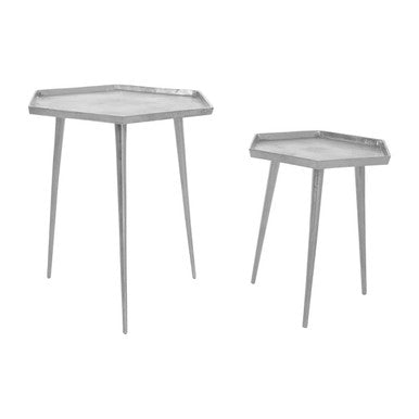 Silver Set of 2 Hexagonal Side Tables with Textured Tops and Splayed Legs | Halle