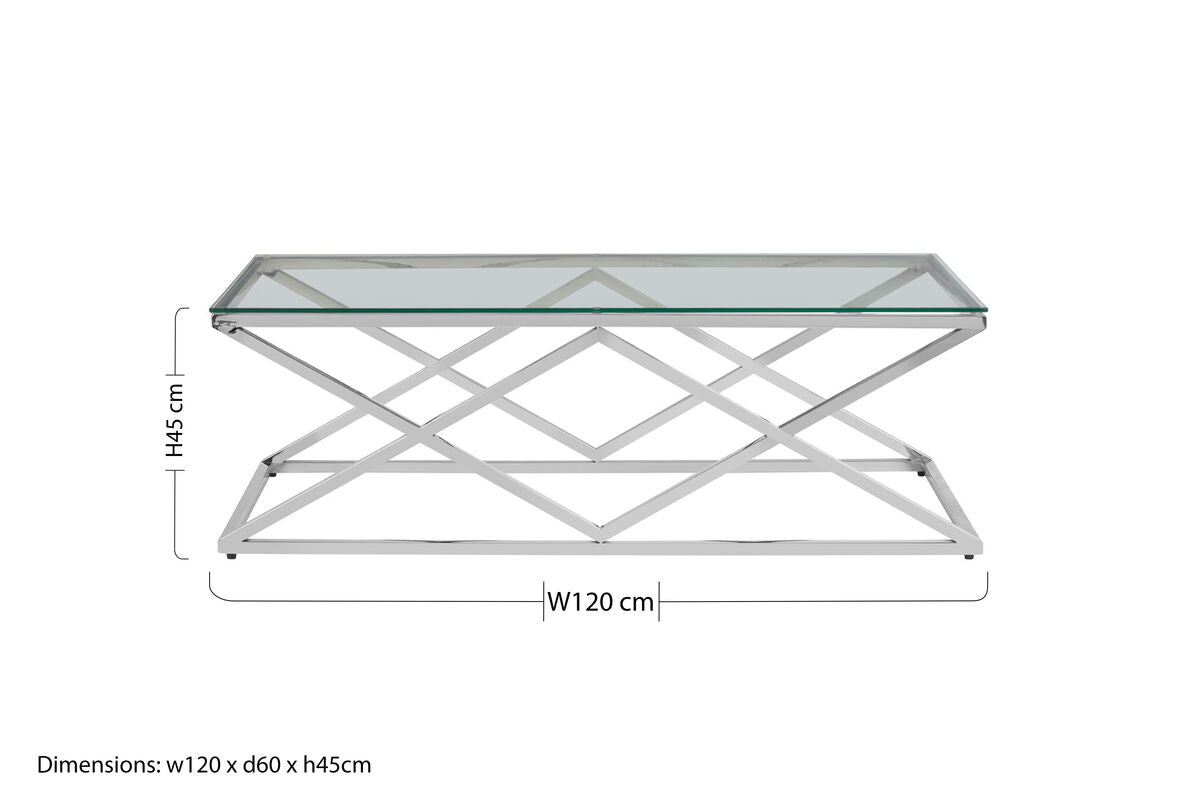 Silver Reflective Stainless Steel Coffee Table with Clear Tempered Glass Top | Allure