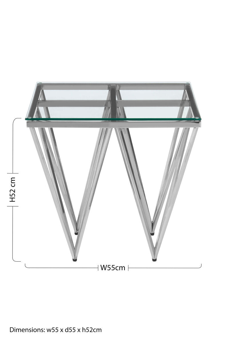 Silver Stainless Steel End Table with Pincer Like Legs and Glass Top | Allure