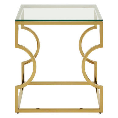 Gold Curved Frame Square End Table with Clear Tempered Glass | Allure