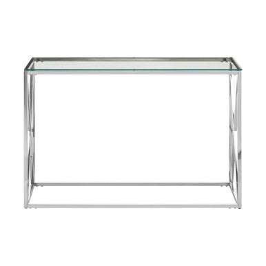 Silver Minimal Console Table with Cross Detail and Clear Tempered Glass Top, Allure