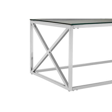 Silver Finish Coffee Table with Cross Frame and Tempered Glass Top | Allure