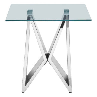 Silver Stainless Steel Wing Base End Table with Clear Glass Top | Allure