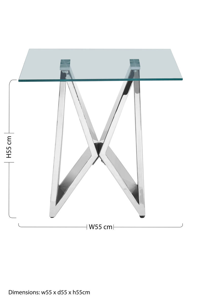 Silver Stainless Steel Wing Base End Table with Clear Glass Top | Allure