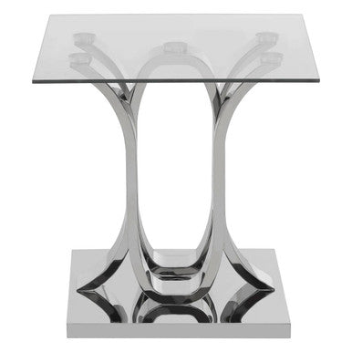 Silver Mirrored Finish Curved Base End Table with Clear Glass Top | Allure