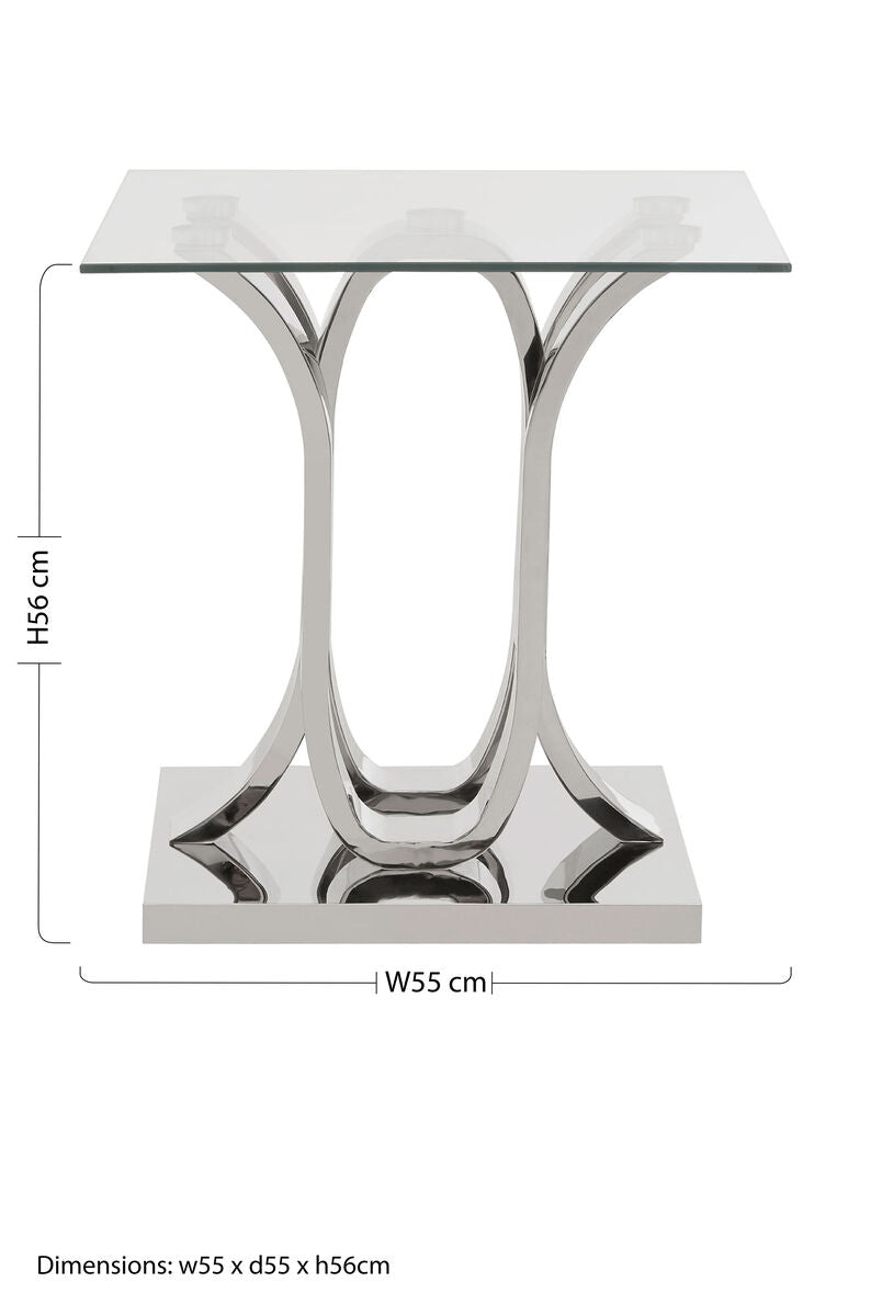 Silver Mirrored Finish Curved Base End Table with Clear Glass Top | Allure