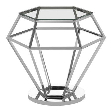 Silver Geometric Diamond Design End Table with Clear Tempered Glass Top | Allure