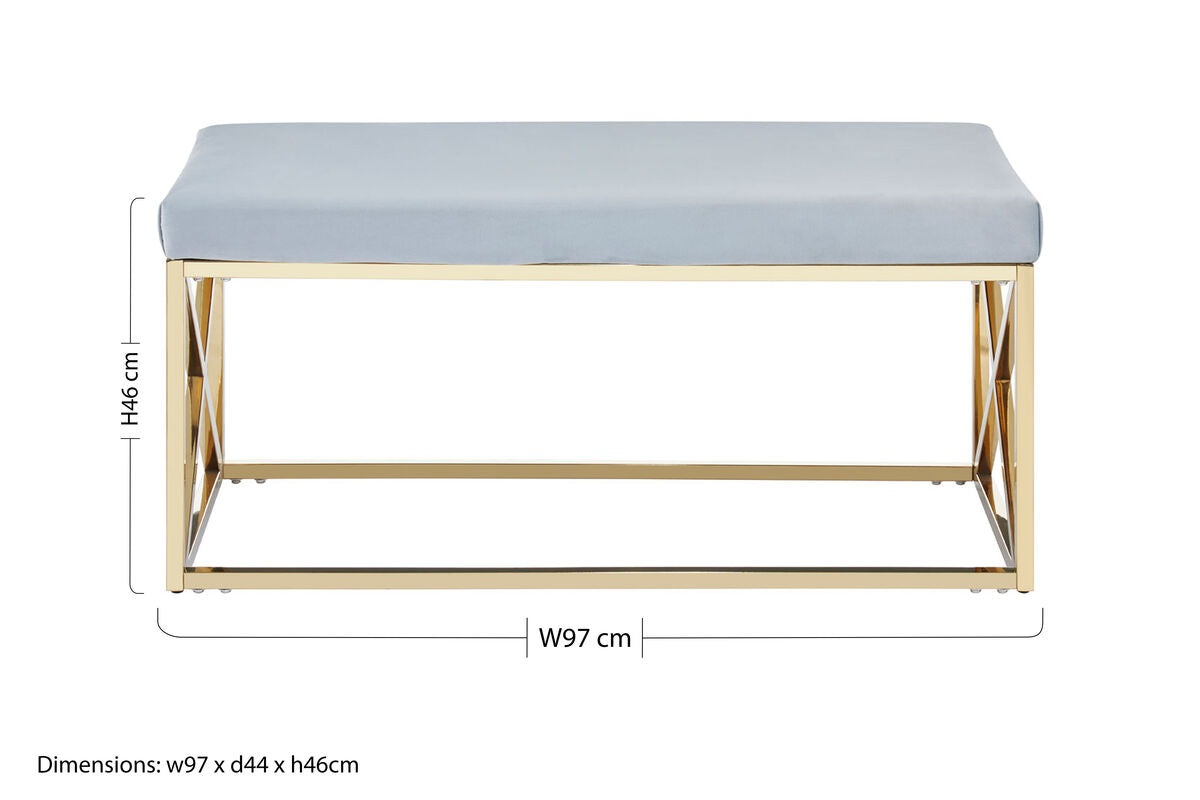Allure Powder Blue Velvet Bench with Gold Stainless Steel Frame