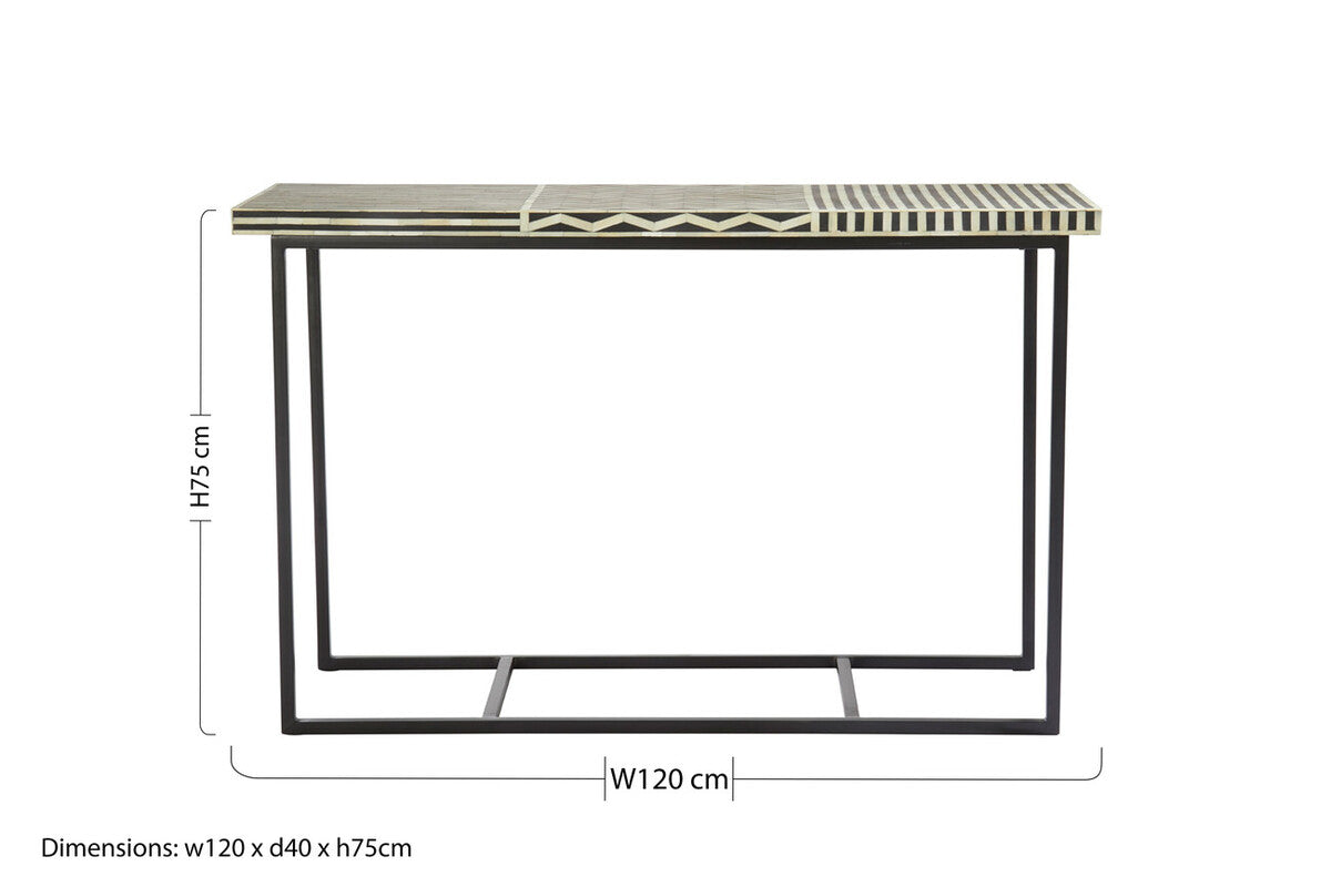 Black Console Table with Bone Inlay Pattern Top and Black Metal Base, Boho