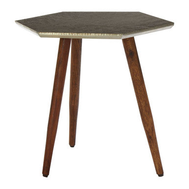 Grey Sheesham Wood Hexagonal Side Table with 3 Leg Base | Boho