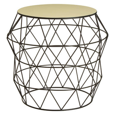 White Ivory Enamel Top Side Table with Black Metal Geometric Openwork Base | Corina