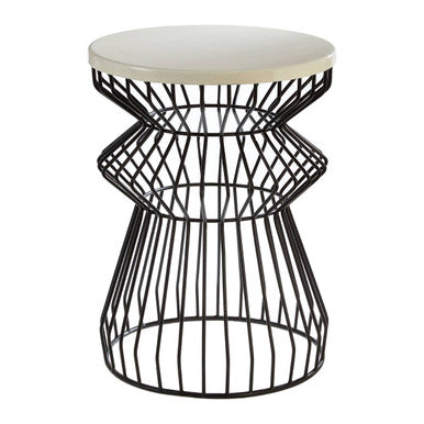 White Top Round Side Table with Black Iron Wire Curved Openwork Base | Corina