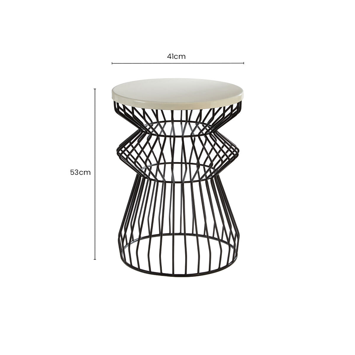 White Top Round Side Table with Black Iron Wire Curved Openwork Base | Corina