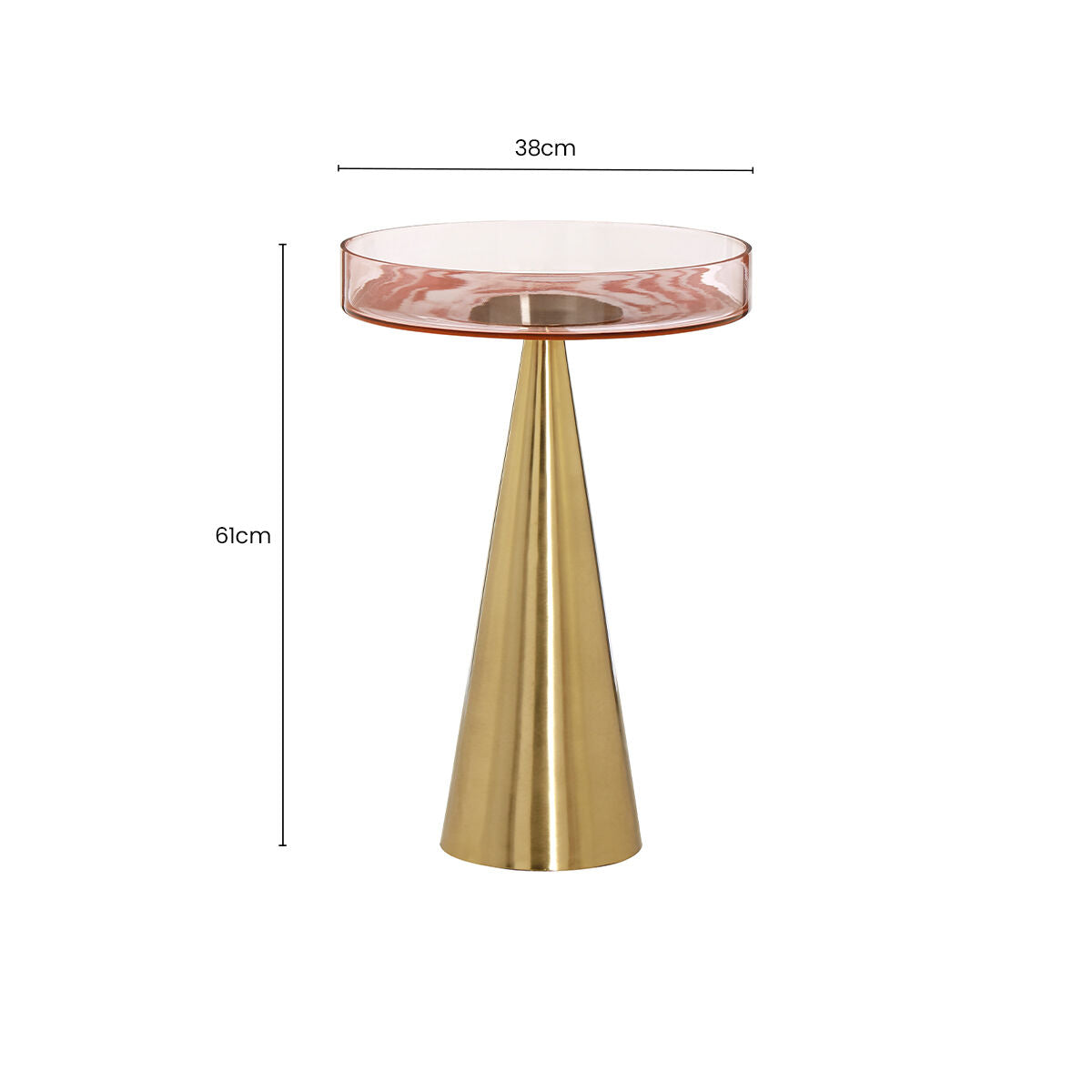 Clear Large Side Table with Pink Tinted Glass Top and Conical Metal Base, Martini