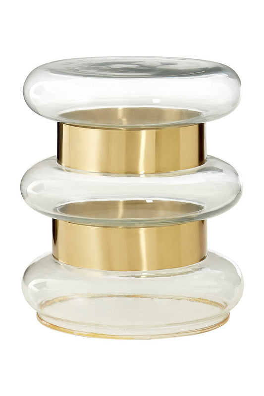 Gold Finish Side Table with Clear Circular Glass Sides and Steel Frame, Margot