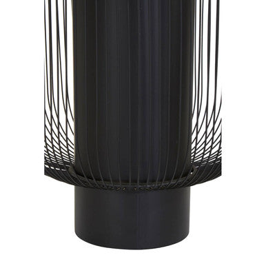 Black Glass Top Round End Table with Matte Black Cylindrical Wireframe Base | Trento