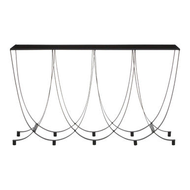 Black Glass Top Console Table with Black Iron Overlapping Curved Base | Trento