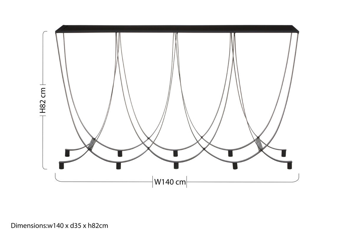 Black Glass Top Console Table with Black Iron Overlapping Curved Base | Trento