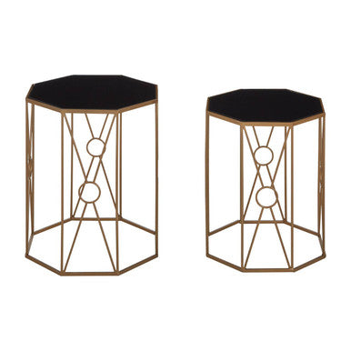 Set of 2 Black Glass Hexagon End Tables with Copper Finish Metal Cross Frame Base | Trento
