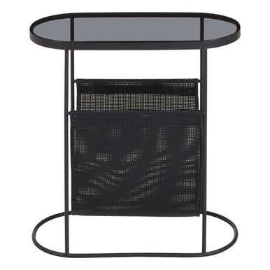 Grey Glass Top Side Table with Black Metal Frame and Hanging Mesh Shelf, Trento