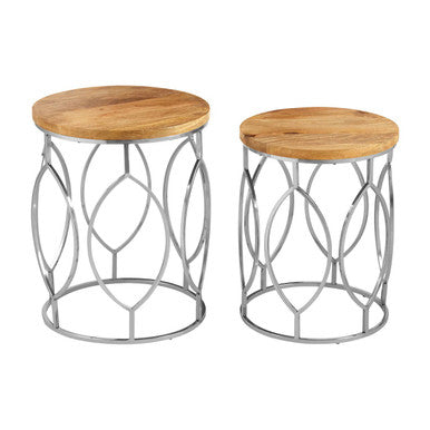 Set of 2 Natural Mango Wood Round Top Side Tables with Reflective Stainless Steel Base | Agra
