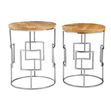 Set of 2 Natural Mango Wood Nesting Tables with Reflective Stainless Steel Base | Agra