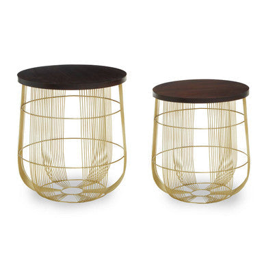 Set of 2 Brown Mango Wood Side Tables with Gold Finish Metal Base | Agra